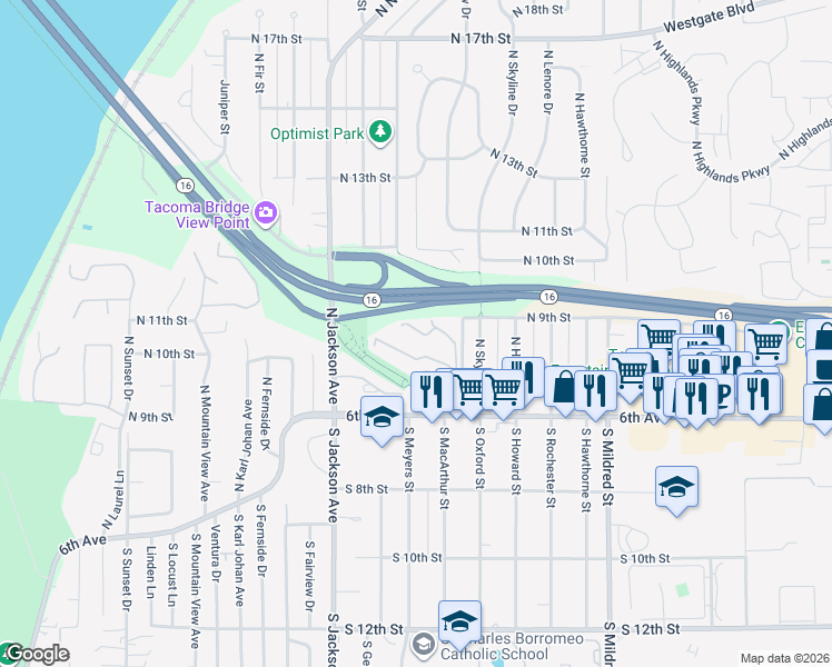 map of restaurants, bars, coffee shops, grocery stores, and more near 7310 Skyview Lane North in Tacoma