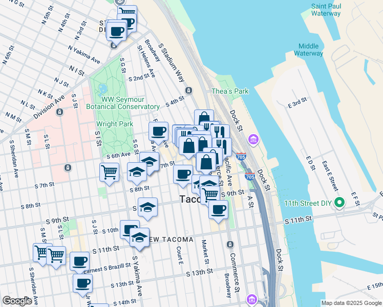 map of restaurants, bars, coffee shops, grocery stores, and more near 705 Broadway in Tacoma