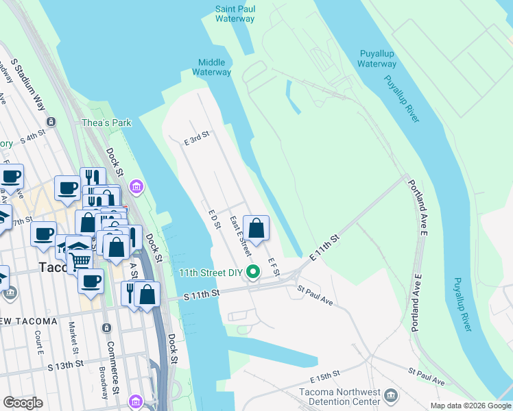 map of restaurants, bars, coffee shops, grocery stores, and more near 715 East F Street in Tacoma