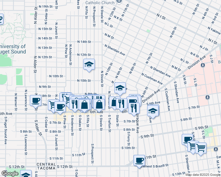 map of restaurants, bars, coffee shops, grocery stores, and more near 2303 North 8th Street in Tacoma