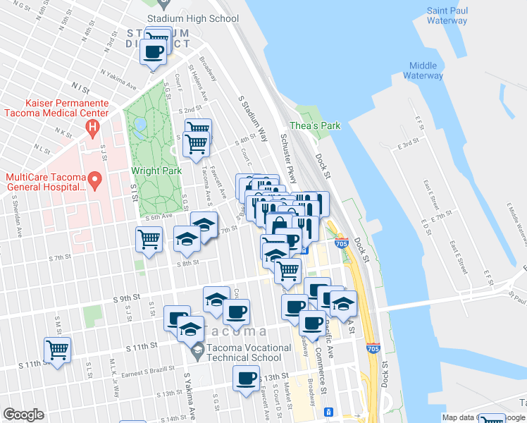 map of restaurants, bars, coffee shops, grocery stores, and more near 705 Broadway in Tacoma