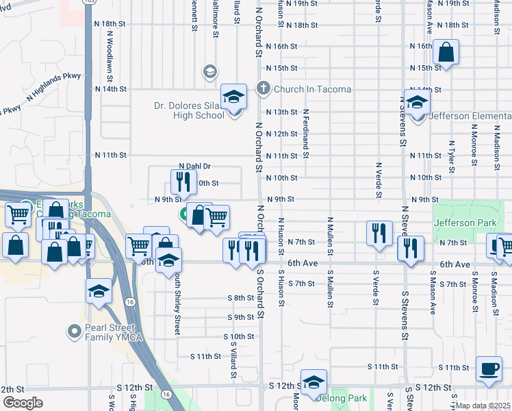 map of restaurants, bars, coffee shops, grocery stores, and more near 812 North Orchard Street in Tacoma