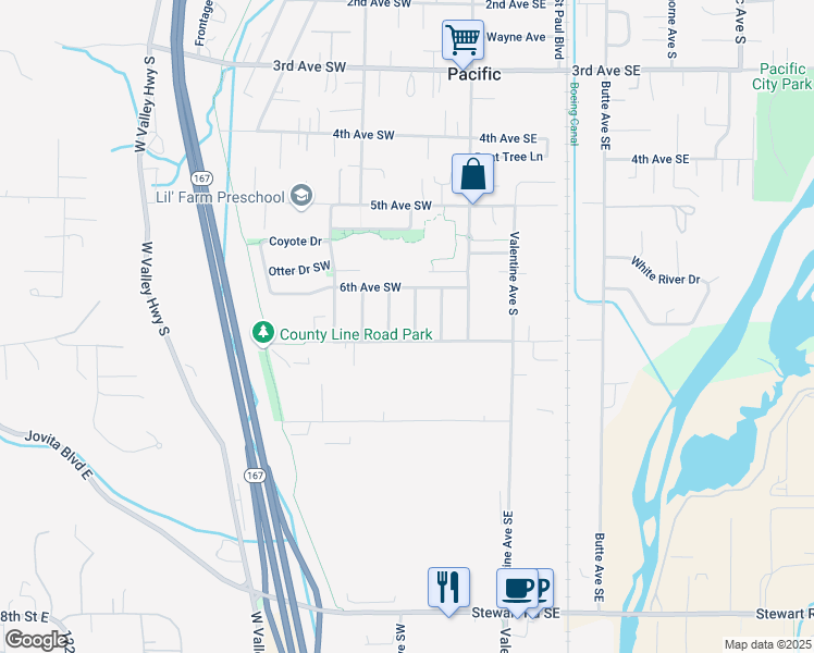 map of restaurants, bars, coffee shops, grocery stores, and more near 625 Glacier Avenue South in Pacific