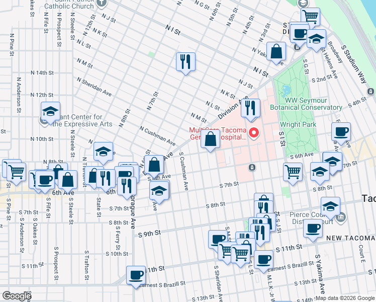 map of restaurants, bars, coffee shops, grocery stores, and more near 1416 South 5th Street in Tacoma