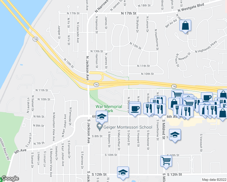 map of restaurants, bars, coffee shops, grocery stores, and more near 7317 Skyview Lane North in Tacoma