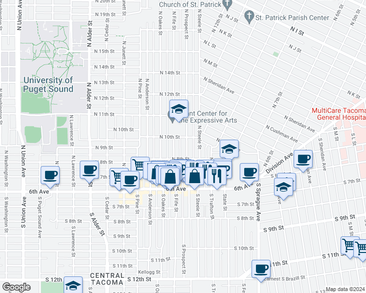 map of restaurants, bars, coffee shops, grocery stores, and more near 820 North Prospect Street in Tacoma