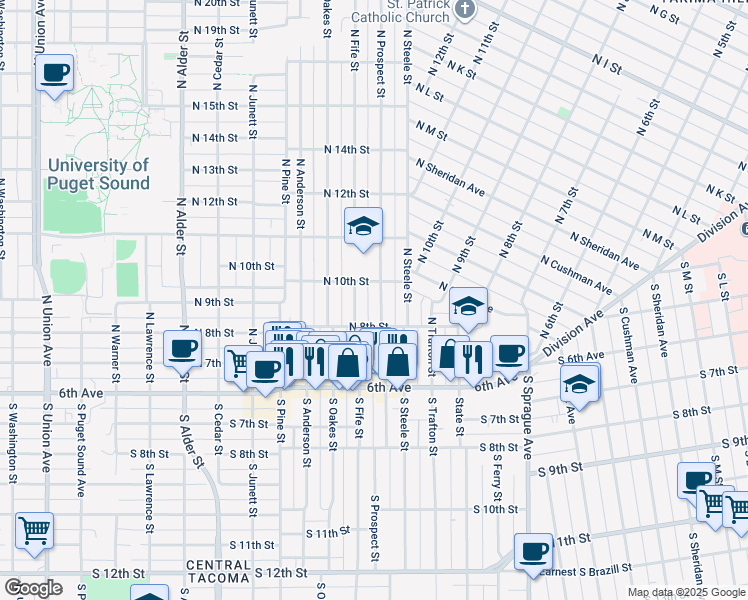 map of restaurants, bars, coffee shops, grocery stores, and more near 820 North Prospect Street in Tacoma