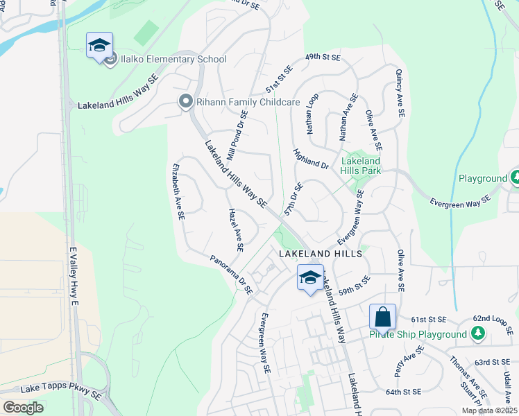 map of restaurants, bars, coffee shops, grocery stores, and more near 5617 Lakeland Hills Way Southeast in Auburn