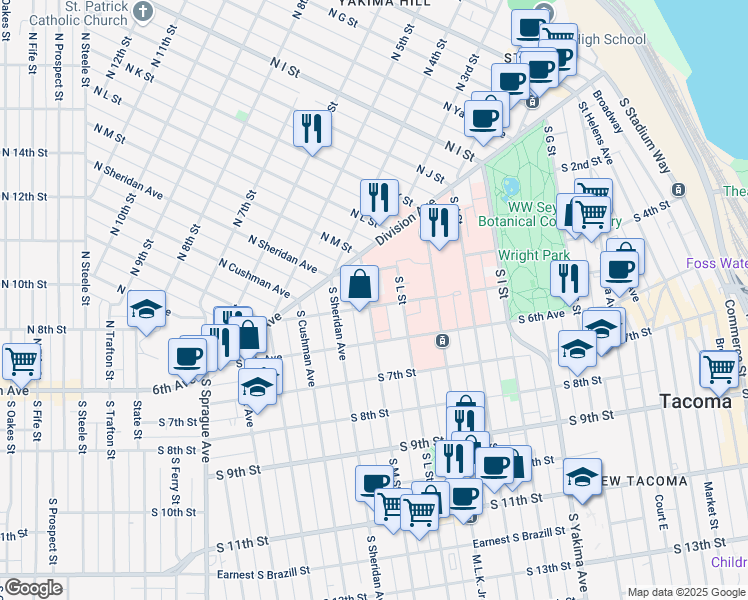 map of restaurants, bars, coffee shops, grocery stores, and more near 515 South M Street in Tacoma