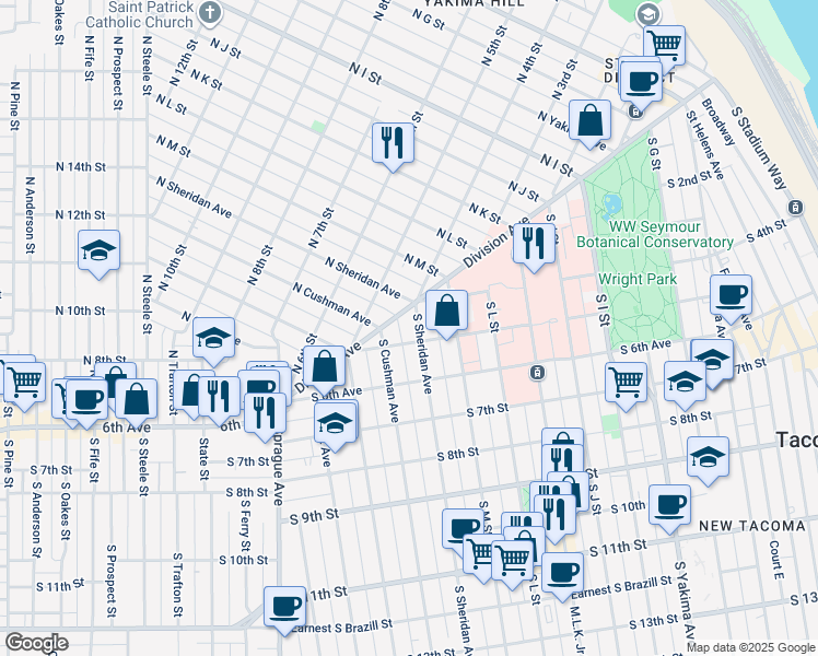 map of restaurants, bars, coffee shops, grocery stores, and more near 1416 South 5th Street in Tacoma