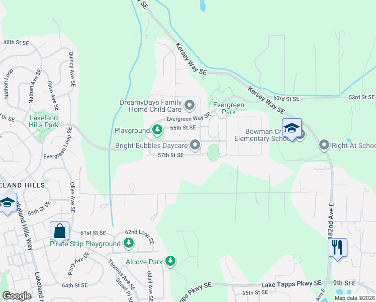 map of restaurants, bars, coffee shops, grocery stores, and more near 2322 57th Street Southeast in Auburn