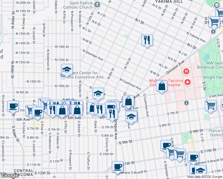 map of restaurants, bars, coffee shops, grocery stores, and more near 636 North Sprague Avenue in Tacoma
