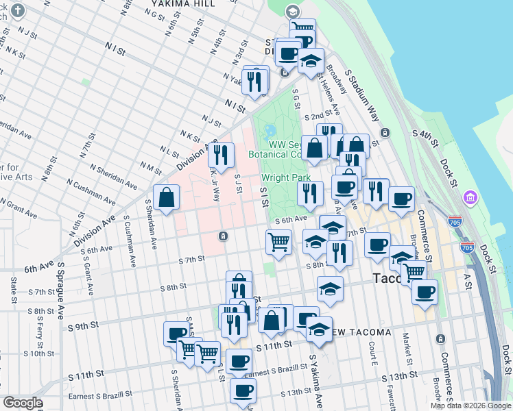 map of restaurants, bars, coffee shops, grocery stores, and more near 915 South 6th Avenue in Tacoma