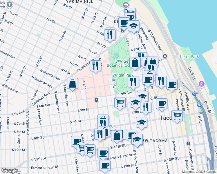 map of restaurants, bars, coffee shops, grocery stores, and more near in Tacoma
