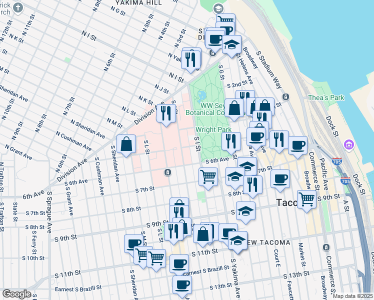 map of restaurants, bars, coffee shops, grocery stores, and more near in Tacoma