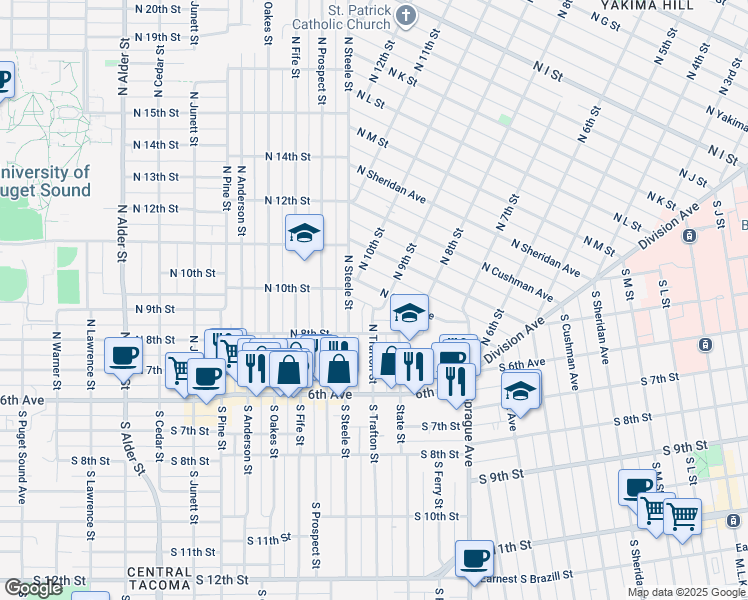 map of restaurants, bars, coffee shops, grocery stores, and more near 2303 North 8th Street in Tacoma