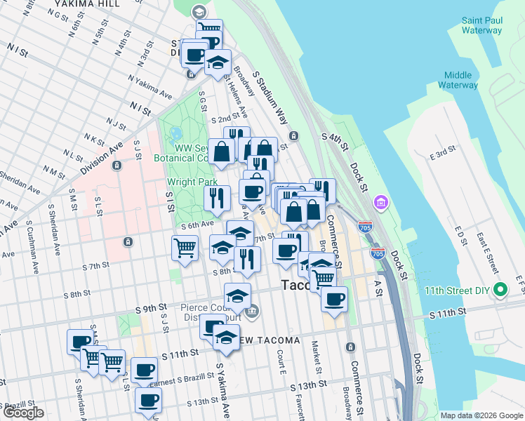 map of restaurants, bars, coffee shops, grocery stores, and more near 611 Tacoma Avenue South in Tacoma