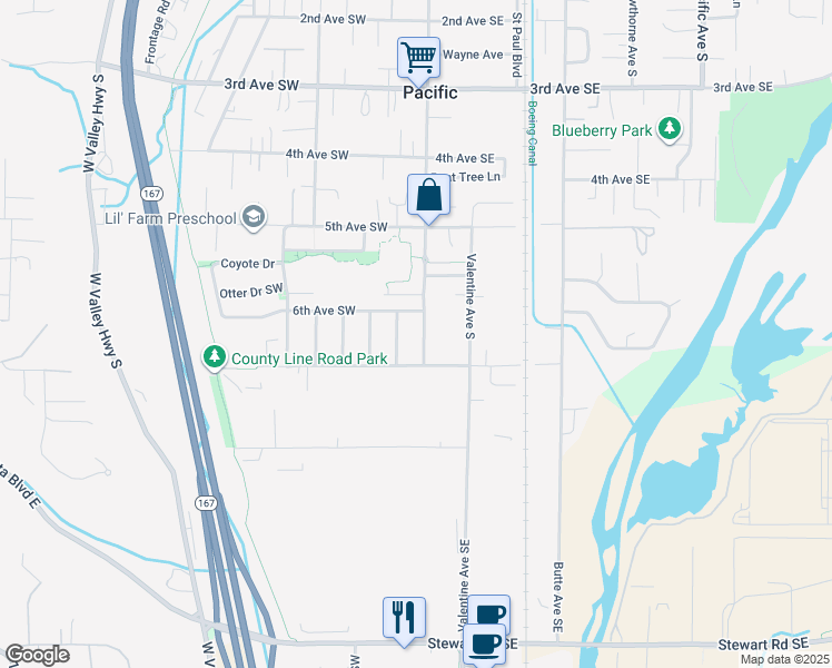 map of restaurants, bars, coffee shops, grocery stores, and more near 120 County Line Road Southeast in Pacific
