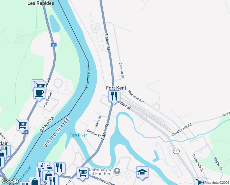 map of restaurants, bars, coffee shops, grocery stores, and more near 60 East Main Street in Fort Kent