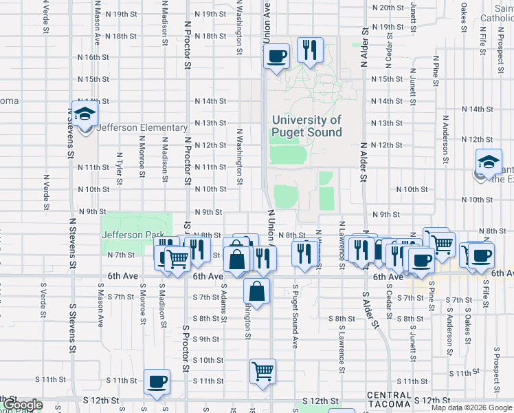 map of restaurants, bars, coffee shops, grocery stores, and more near 902 North Union Avenue in Tacoma