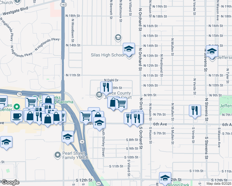 map of restaurants, bars, coffee shops, grocery stores, and more near 5231 North 10th Street in Tacoma
