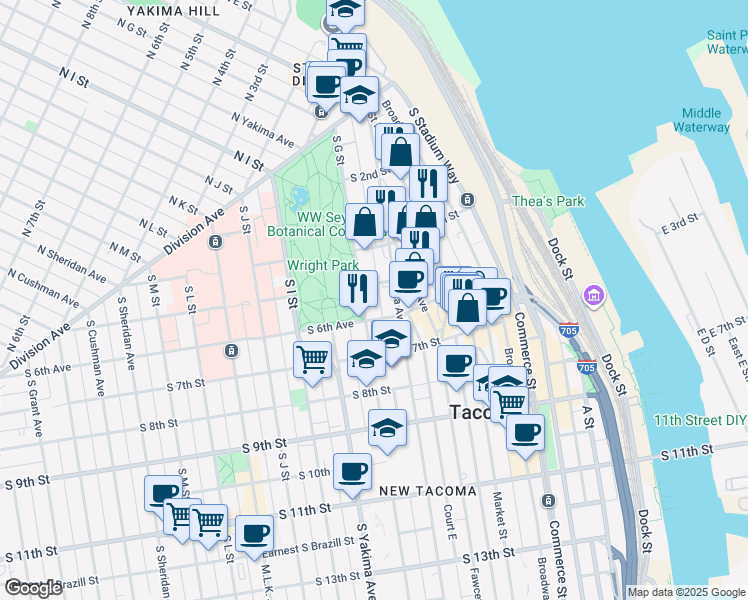 map of restaurants, bars, coffee shops, grocery stores, and more near 422 Tacoma Avenue South in Tacoma