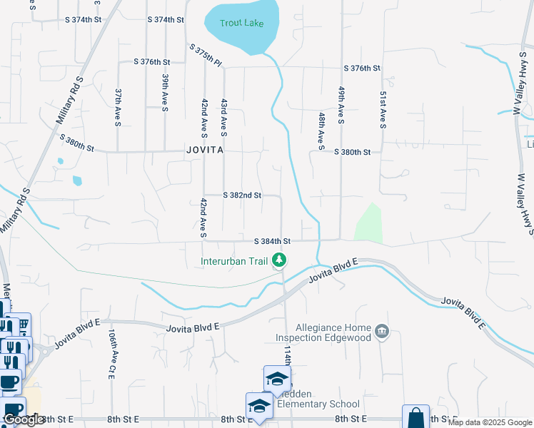 map of restaurants, bars, coffee shops, grocery stores, and more near 38205 45th Avenue South in Auburn