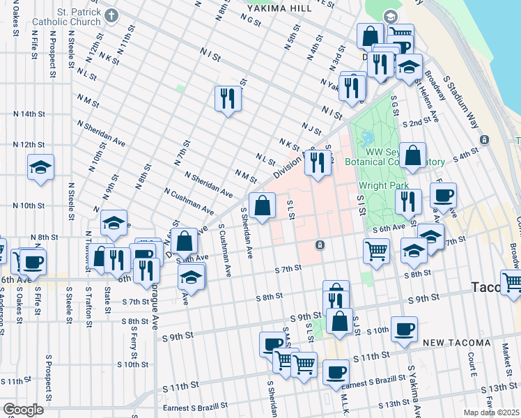 map of restaurants, bars, coffee shops, grocery stores, and more near 1304 Division Avenue in Tacoma