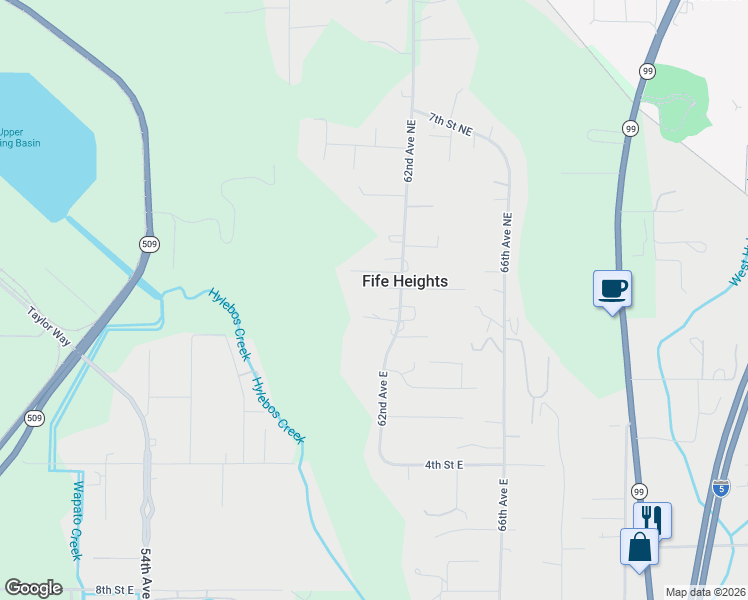 map of restaurants, bars, coffee shops, grocery stores, and more near 102 62nd Avenue Northeast in Tacoma