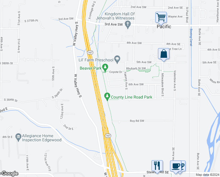 map of restaurants, bars, coffee shops, grocery stores, and more near 279 6th Avenue Southwest in Pacific