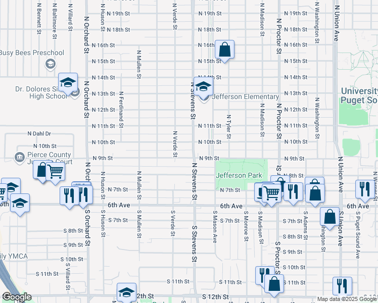 map of restaurants, bars, coffee shops, grocery stores, and more near 1001 North Stevens Street in Tacoma