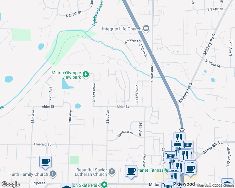 map of restaurants, bars, coffee shops, grocery stores, and more near 2500 Alder Street in Milton