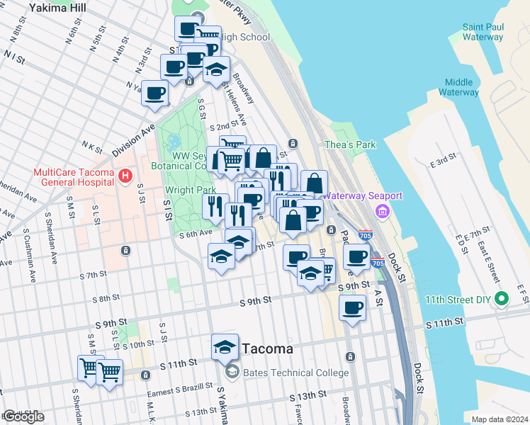 map of restaurants, bars, coffee shops, grocery stores, and more near 415 6th Avenue in Tacoma
