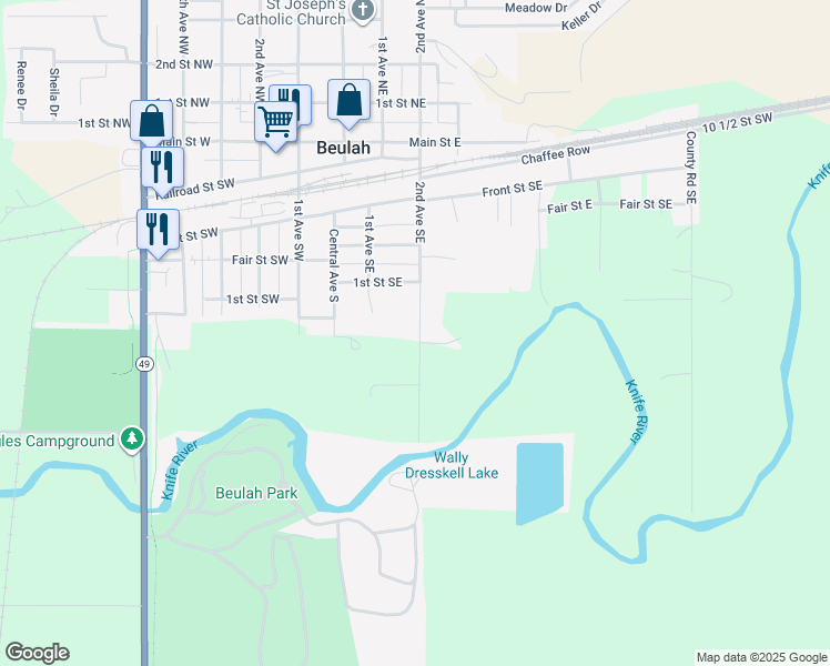 map of restaurants, bars, coffee shops, grocery stores, and more near 416-498 2nd Avenue Southeast in Beulah