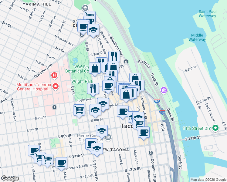 map of restaurants, bars, coffee shops, grocery stores, and more near 435 Fawcett Avenue in Tacoma