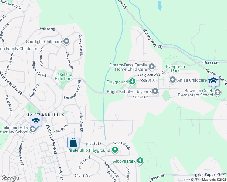 map of restaurants, bars, coffee shops, grocery stores, and more near Evergreen Way Southeast in Auburn