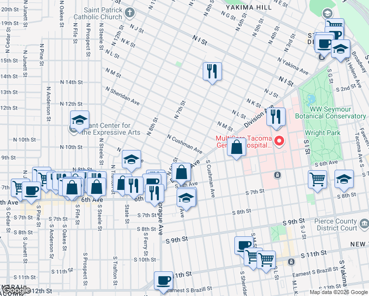 map of restaurants, bars, coffee shops, grocery stores, and more near 607 North Cushman Avenue in Tacoma