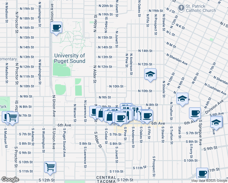 map of restaurants, bars, coffee shops, grocery stores, and more near 1002 North Junett Street in Tacoma