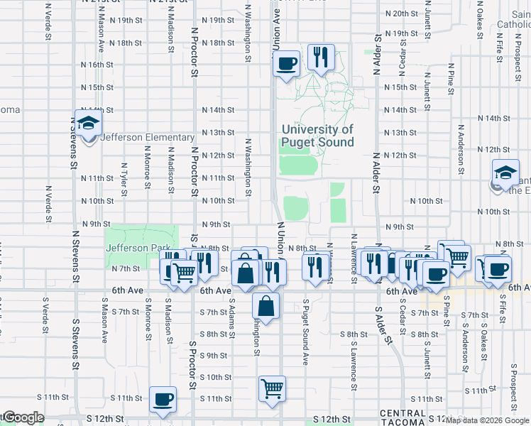 map of restaurants, bars, coffee shops, grocery stores, and more near 1002 North Union Avenue in Tacoma