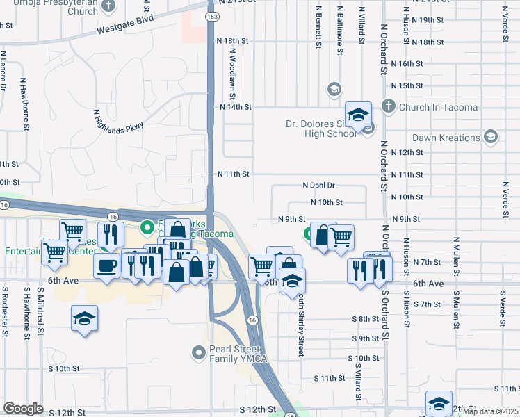 map of restaurants, bars, coffee shops, grocery stores, and more near 926 North Winnifred Street in Tacoma