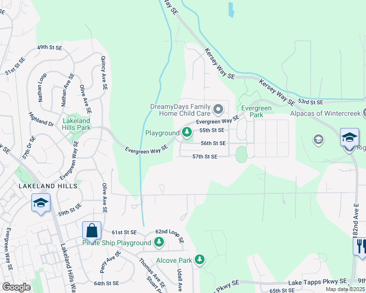 map of restaurants, bars, coffee shops, grocery stores, and more near 2102 56th Street Southeast in Auburn