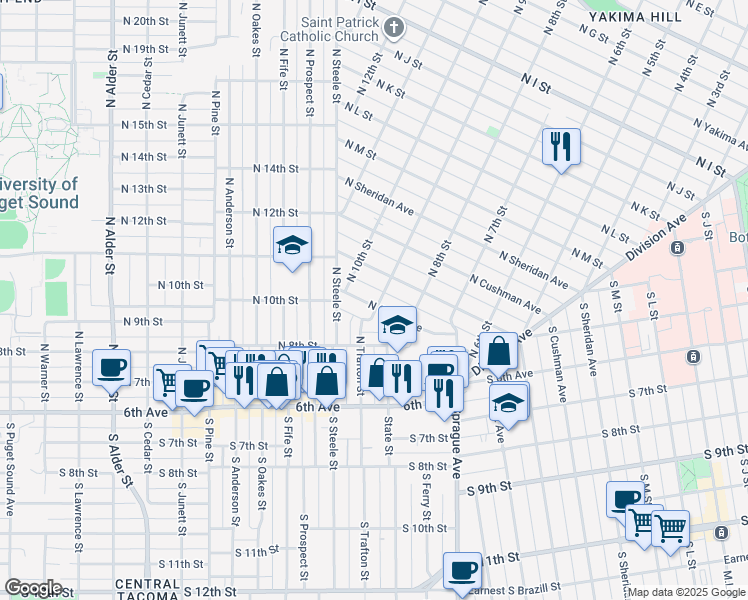map of restaurants, bars, coffee shops, grocery stores, and more near 824 North Ainsworth Avenue in Tacoma