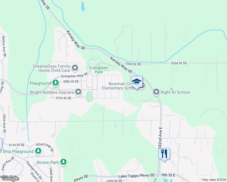 map of restaurants, bars, coffee shops, grocery stores, and more near 5606 Elaine Avenue Southeast in Auburn