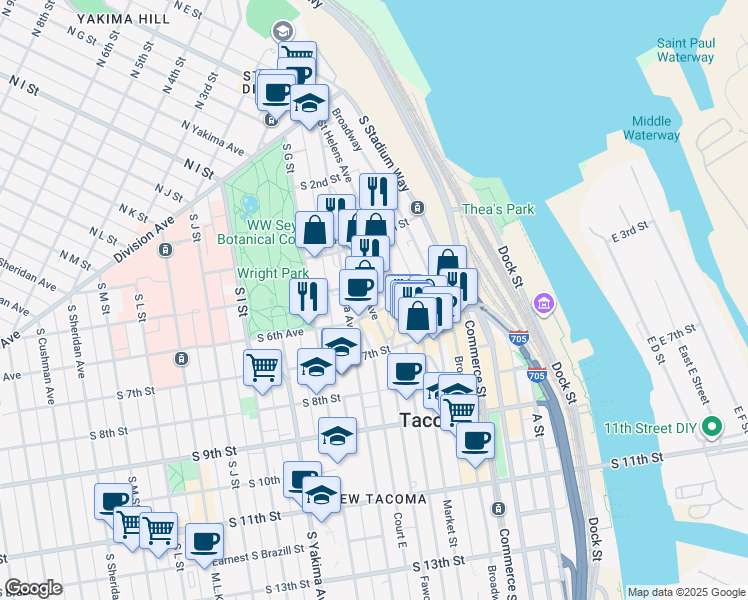 map of restaurants, bars, coffee shops, grocery stores, and more near 415 Fawcett Avenue in Tacoma