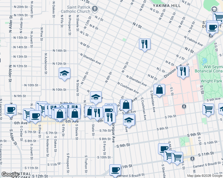 map of restaurants, bars, coffee shops, grocery stores, and more near 704 North Cushman Avenue in Tacoma