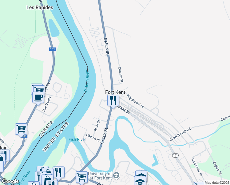 map of restaurants, bars, coffee shops, grocery stores, and more near in Fort Kent