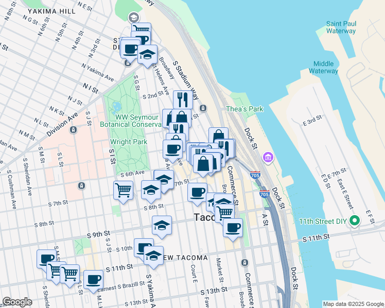 map of restaurants, bars, coffee shops, grocery stores, and more near 450 Saint Helens Avenue in Tacoma