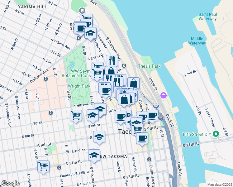 map of restaurants, bars, coffee shops, grocery stores, and more near 450 Saint Helens Avenue in Tacoma