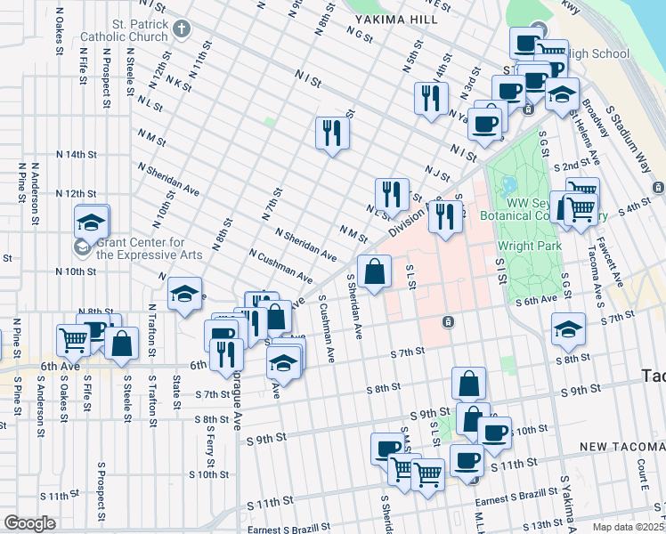 map of restaurants, bars, coffee shops, grocery stores, and more near 421 North Sheridan Avenue in Tacoma