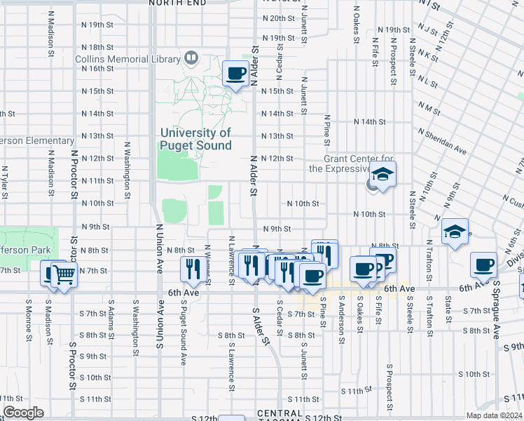 map of restaurants, bars, coffee shops, grocery stores, and more near 926-928 North Alder Street in Tacoma